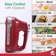 Load image into Gallery viewer, Crimson Edge 5 Speed Electric Hand Mixer | 300W Powerful Copper Motor | TurboSpeed I Adjustable Slow Speed Start I Hand Blender | Stainless Steel Whisk Beaters and Dough Hooks | 2 Years Warranty | Bakeware I Red