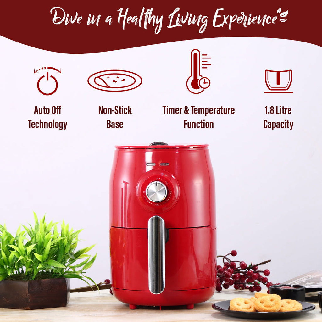 Crimson Edge Air Fryer for Home and Kitchen|1.8 Litres Non-stick Basket| Fry, Grill, Bake & Roast| Rapid Air Technology| Timer & Temperature Control| Auto Shut-Off| Healthy Cooking with 99% less Fat| Sleek & Compact| 1000 Wattage| Red |2 Year Warranty