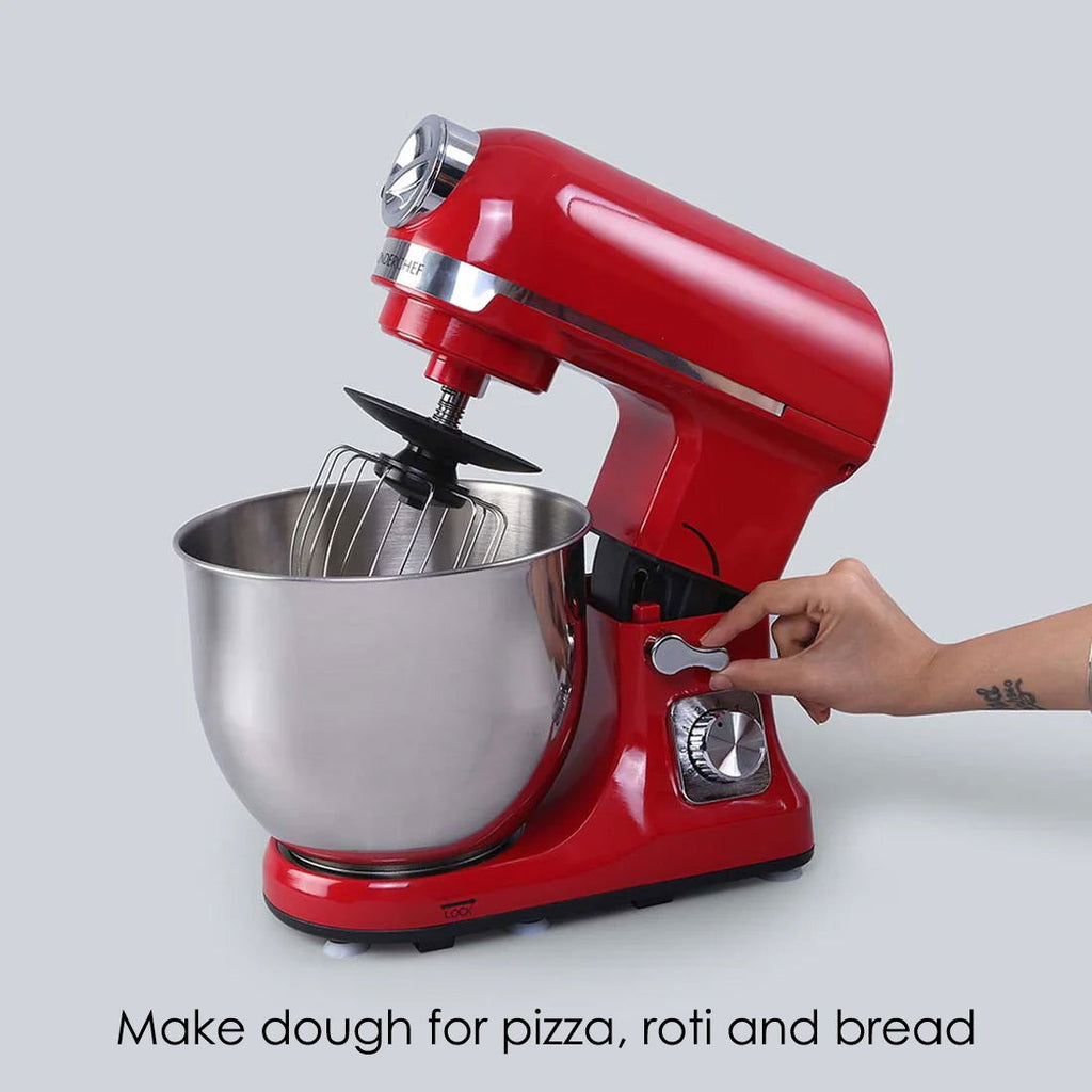 Crimson Edge Die-Cast Metal Stand Kitchen Mixer & Beater with free attachments | 5.7L SS Bowl | 1000W motor | 6 Speed Setting | Whisking Cone, Mixing Beater & Dough Hook attachments | 3 Yrs warranty | Red