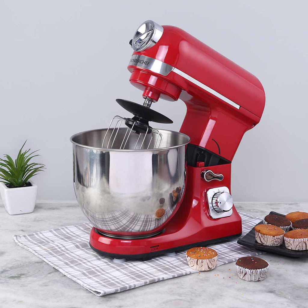 Crimson Edge Die-Cast Metal Stand Kitchen Mixer & Beater with free attachments | 5.7L SS Bowl | 1000W motor | 6 Speed Setting | Whisking Cone, Mixing Beater & Dough Hook attachments | 3 Yrs warranty | Red