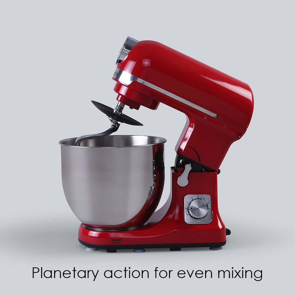 Crimson Edge Die-Cast Metal Stand Kitchen Mixer & Beater with free attachments | 5.7L SS Bowl | 1000W motor | 6 Speed Setting | Whisking Cone, Mixing Beater & Dough Hook attachments | 3 Yrs warranty | Red