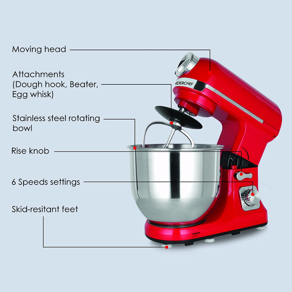 Crimson Edge Die-Cast Metal Stand Kitchen Mixer & Beater with free attachments | 5.7L SS Bowl | 1000W motor | 6 Speed Setting | Whisking Cone, Mixing Beater & Dough Hook attachments | 3 Yrs warranty | Red