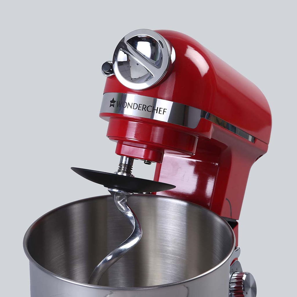 Crimson Edge Die-Cast Metal Stand Kitchen Mixer & Beater with free attachments | 5.7L SS Bowl | 1000W motor | 6 Speed Setting | Whisking Cone, Mixing Beater & Dough Hook attachments | 3 Yrs warranty | Red