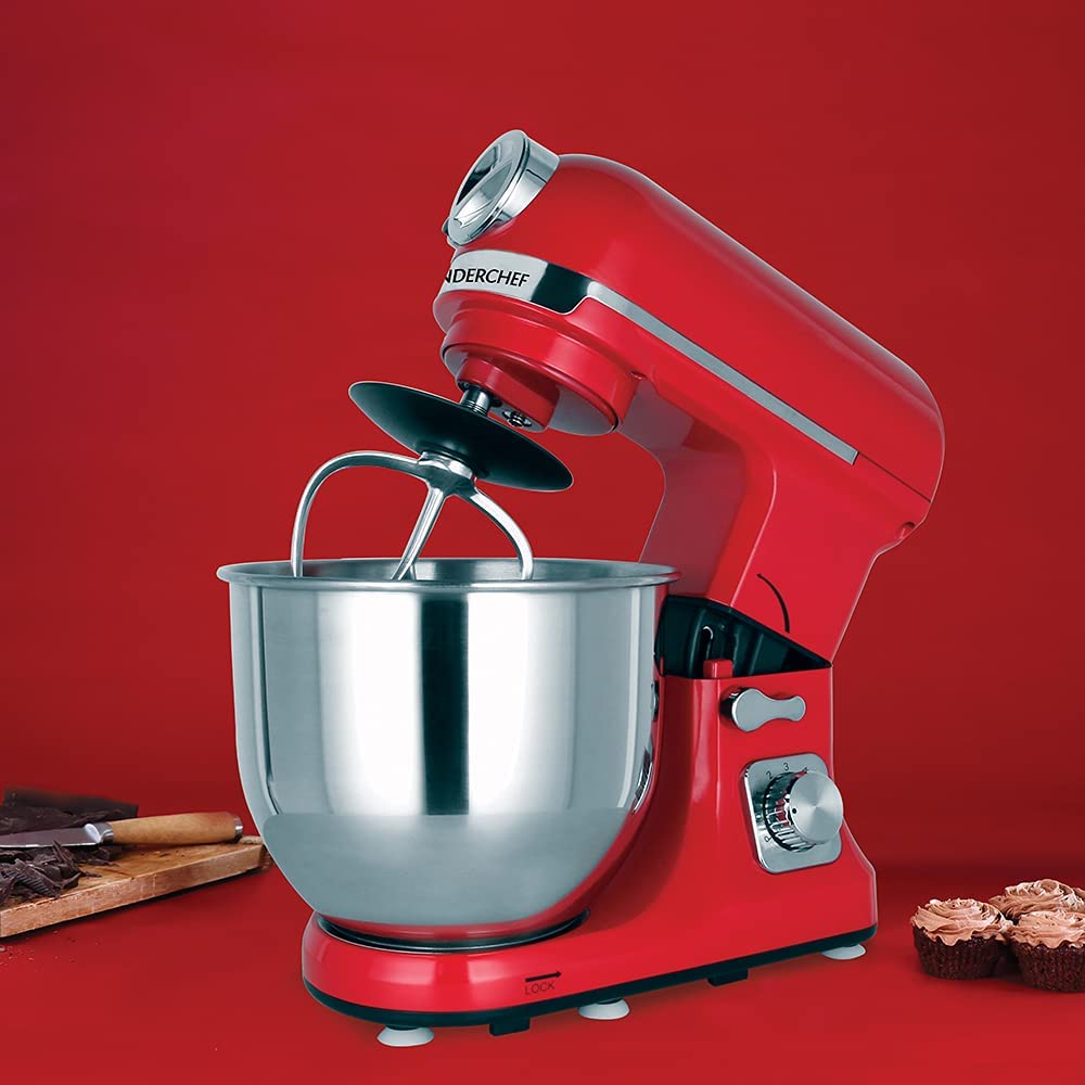 Crimson Edge Die-Cast Metal Stand Kitchen Mixer & Beater with free attachments | 5.7L SS Bowl | 1000W motor | 6 Speed Setting | Whisking Cone, Mixing Beater & Dough Hook attachments | 3 Yrs warranty | Red