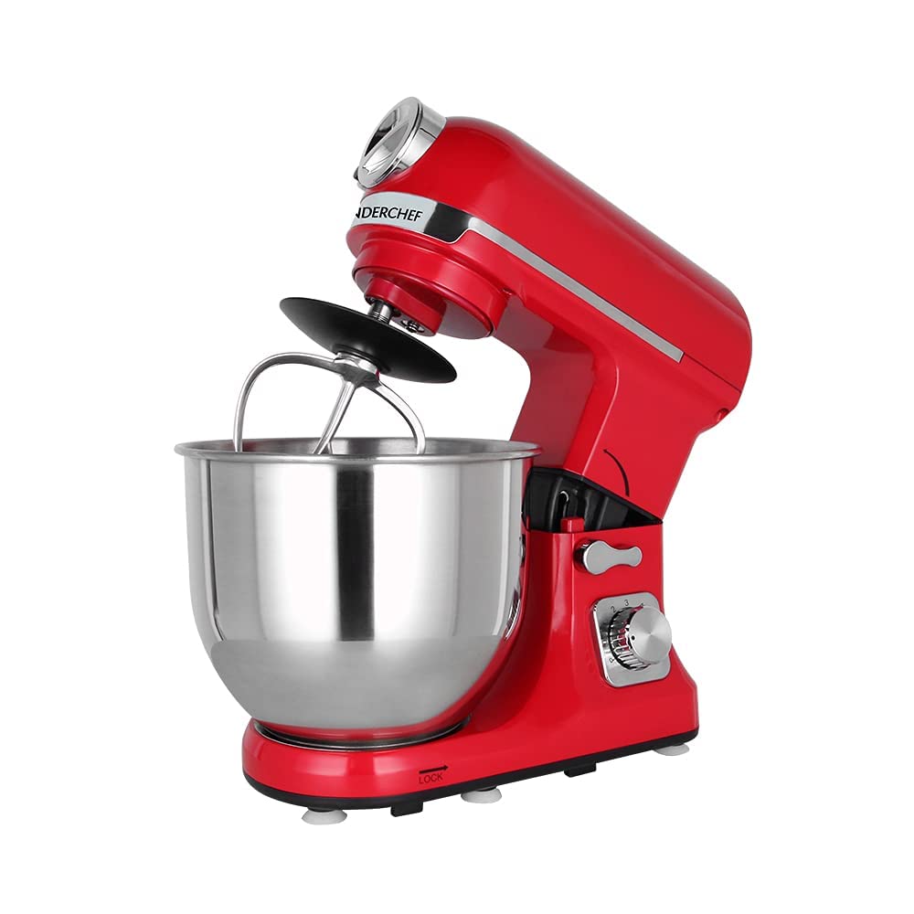 Crimson Edge Die-Cast Metal Stand Kitchen Mixer & Beater with free attachments | 5.7L SS Bowl | 1000W motor | 6 Speed Setting | Whisking Cone, Mixing Beater & Dough Hook attachments | 3 Yrs warranty | Red