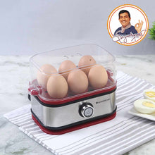 Load image into Gallery viewer, Crimson Edge Instant Electric Egg Boiler with 6 Egg Poachers|3 Boiling Modes, Soft, Medium, Hard| Auto Shut Off | Non-stick Egg Rack, Transparent Lid, Stainless Steel Body &amp; Heating Plate, Steamer Rack| Alarm| Overheat Protection | Red| 2 Year Warranty