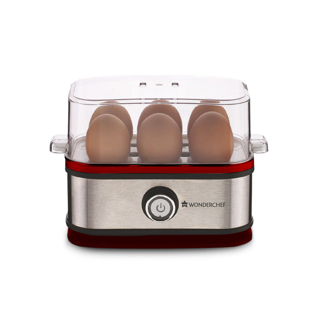 Crimson Edge Instant Electric Egg Boiler with 6 Egg Poachers|3 Boiling Modes, Soft, Medium, Hard| Auto Shut Off | Non-stick Egg Rack, Transparent Lid, Stainless Steel Body & Heating Plate, Steamer Rack| Alarm| Overheat Protection | Red| 2 Year Warranty