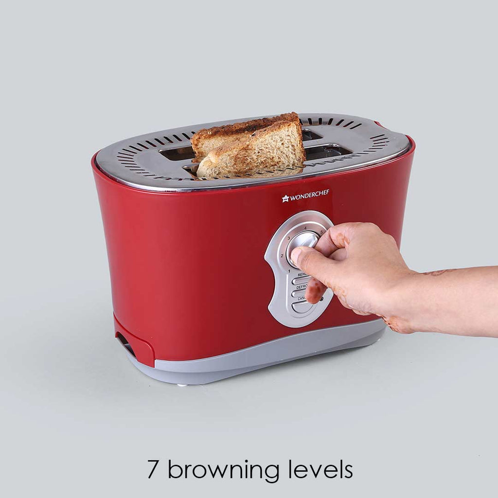 Crimson Edge Slice Toaster with Defrost, Reheat & Cancel Function | 800 Watt | 2 Bread Slice Automatic Pop-up Electric Toaster | 7- Level Browning Controls | Auto Shut Off | Mid Cycle Cancel Feature | Removable Tray | Easy to Clean | Red | 2 Year Warranty