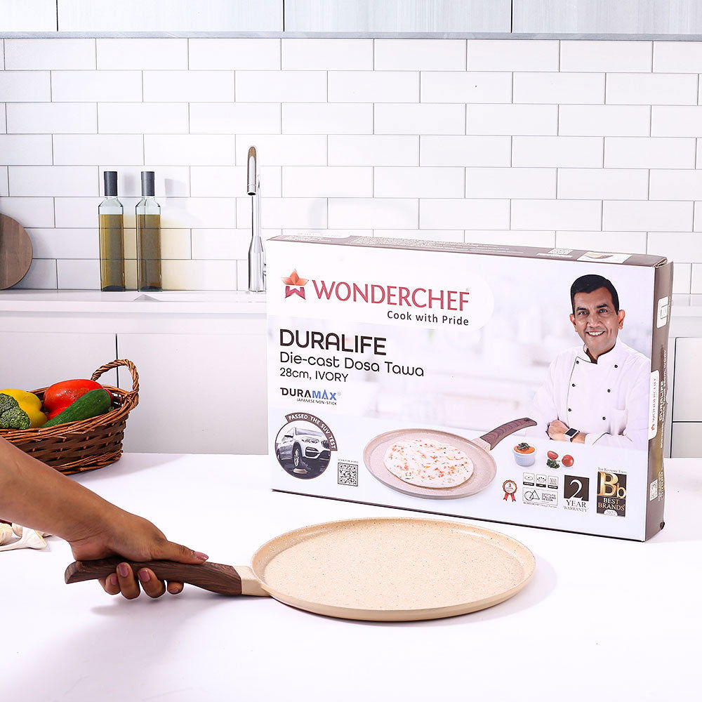 Wonderchef Renewed Duralife Die-cast 28cm Dosa Tawa | 5 Layer Healthy Duramax Non-Stick Coating | Soft Touch Handle | Pure Grade Aluminium | PFOA Free | 1 Year Warranty