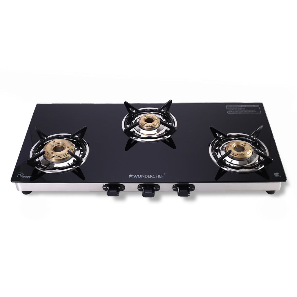 Duralife Slim Glass Cooktop 3 Burner | Heavy Duty Pan Support | Dual Locking System | Easy Grip Sleek Knobs | Brass Burner | Round Stainless Steel Drip Tray | 2 Years Warranty on Glass and Product