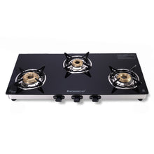 Load image into Gallery viewer, Duralife Slim Glass Cooktop 3 Burner | Heavy Duty Pan Support | Dual Locking System | Easy Grip Sleek Knobs | Brass Burner | Round Stainless Steel Drip Tray | 2 Years Warranty on Glass and Product