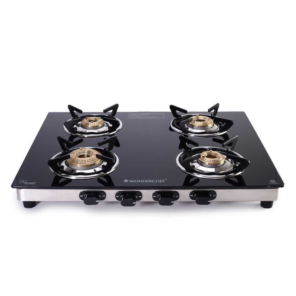 Duralife Slim Glass Cooktop 4 Burner | Heavy Duty Pan Support | Dual Locking System | Easy Grip Sleek Knobs | Brass Burner | Round Stainless Steel Drip Tray | 2 Years Warranty on Glass and Product