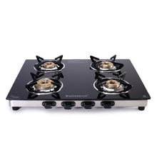 Load image into Gallery viewer, Duralife Slim Glass Cooktop 4 Burner | Heavy Duty Pan Support | Dual Locking System | Easy Grip Sleek Knobs | Brass Burner | Round Stainless Steel Drip Tray | 2 Years Warranty on Glass and Product