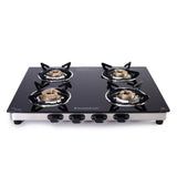 Duralife Slim Glass Cooktop 4 Burner | Heavy Duty Pan Support | Dual Locking System | Easy Grip Sleek Knobs | Brass Burner | Round Stainless Steel Drip Tray | 2 Years Warranty on Glass and Product