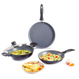 Duralite Die-Cast Non-Stick Pans 4 pcs Set | 24 cm Kadhai with Lid, 24 Cm Fry Pan, 28 cm Dosa Tawa | 1.2 L | Grey | 2 Years Warranty