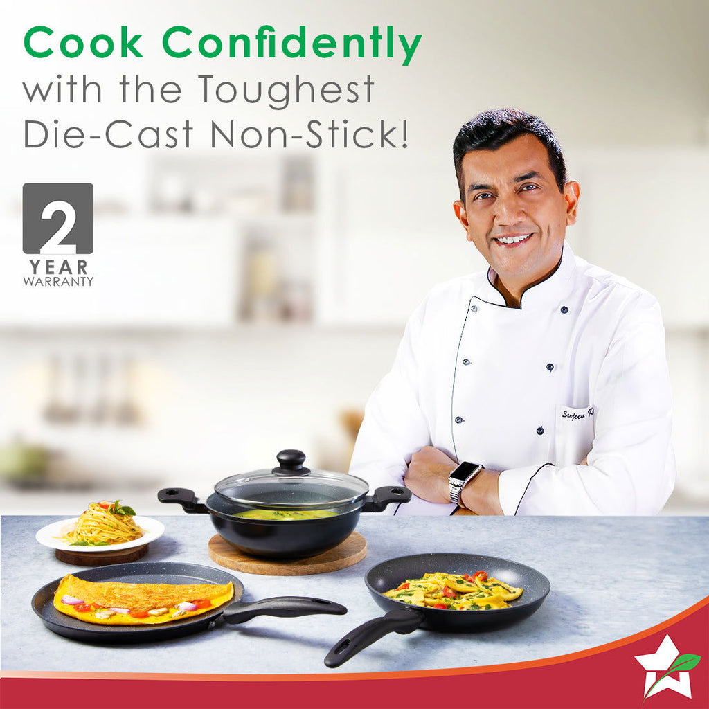 Duralite Die-Cast Non-Stick Pans 4 pcs Set | 24 cm Kadhai with Lid, 24 Cm Fry Pan, 28 cm Dosa Tawa | 1.2 L | Grey | 2 Years Warranty