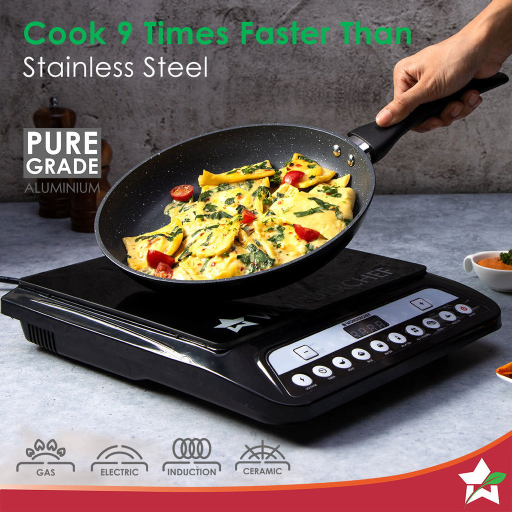 Duralite Die-Cast Non-Stick Pans 4 pcs Set | 24 cm Kadhai with Lid, 24 Cm Fry Pan, 28 cm Dosa Tawa | 1.2 L | Grey | 2 Years Warranty