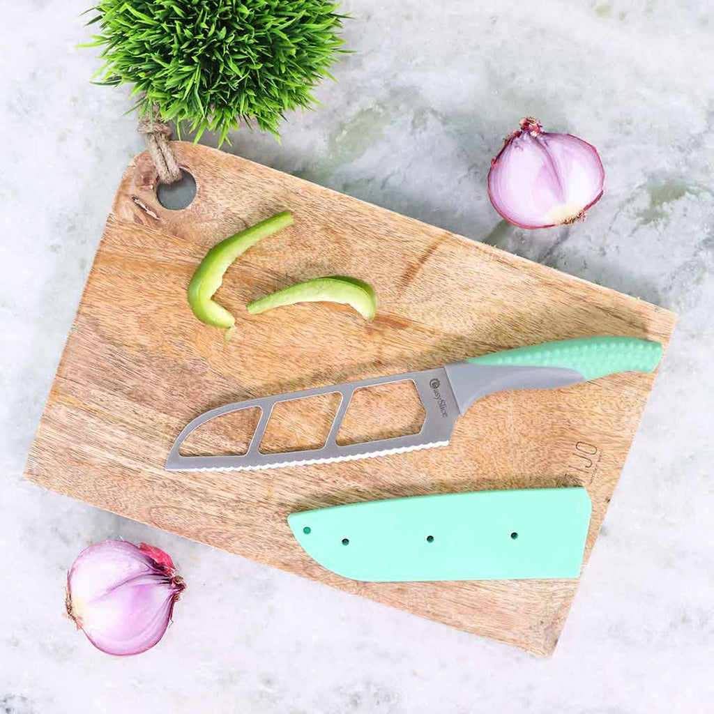 Easy Slice Stainless Steel Knife 15.2 CM, Razor Sharp Double-Edged Blade, Hollow Blade Design, Full-Tang Construction, Plastic Guard For Protection, 5 Years Warranty, Green