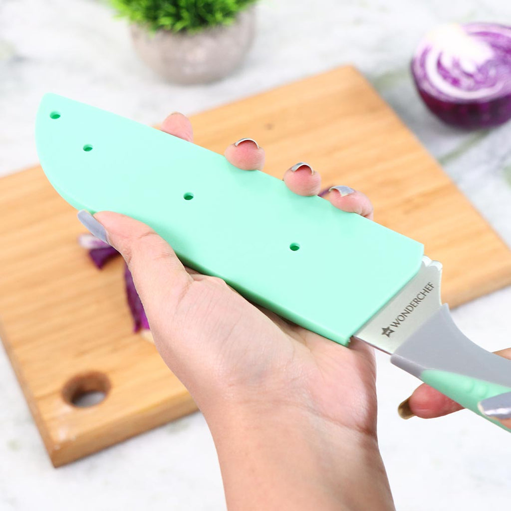 Easy Slice Stainless Steel Knife 15.2 CM, Razor Sharp Double-Edged Blade, Hollow Blade Design, Full-Tang Construction, Plastic Guard For Protection, 5 Years Warranty, Green