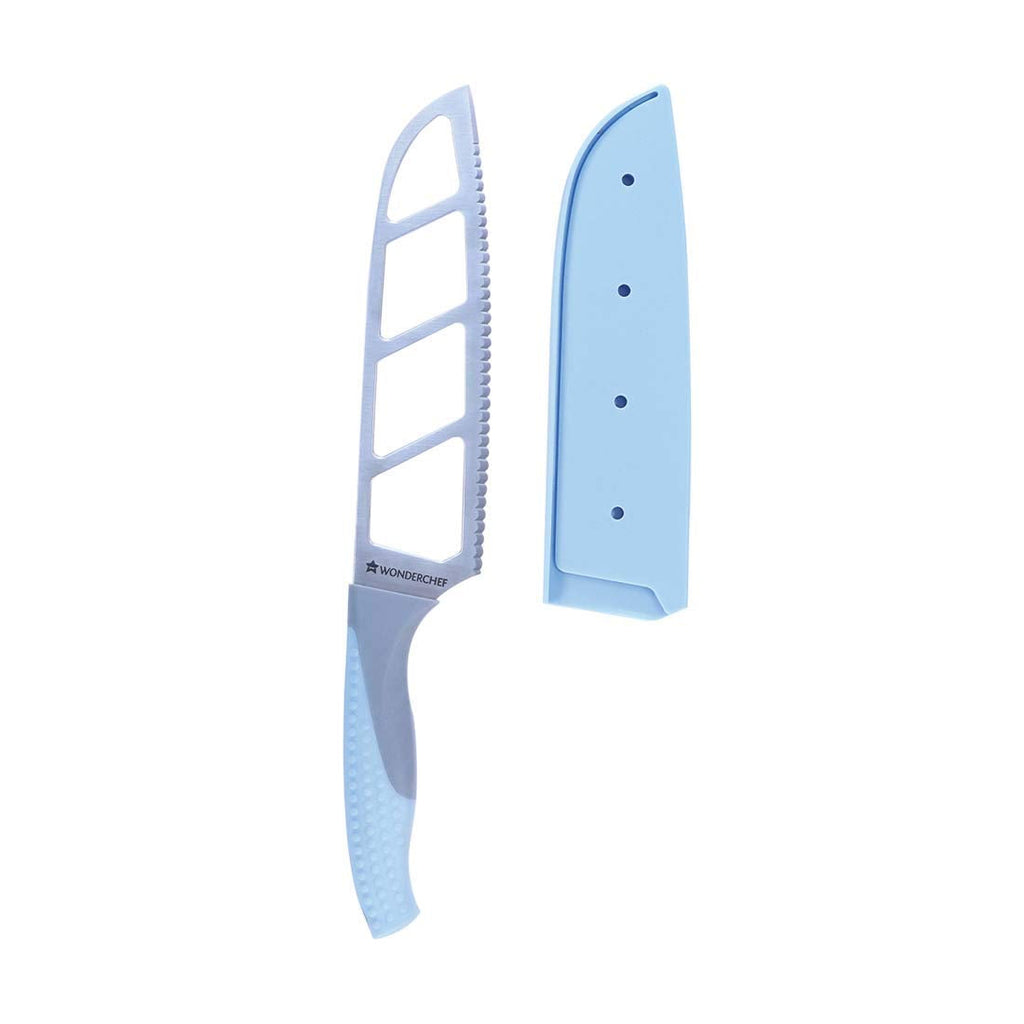 Easy Slice Stainless Steel Knife 20.3 CM, Razor Sharp Double-Edged Blade, Hollow Blade Design, Full-Tang Construction, Plastic Guard for Protection, 5 Years Warranty, Blue