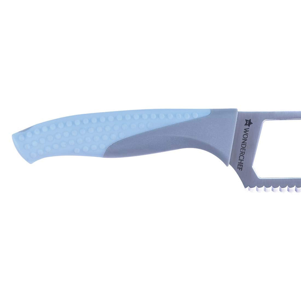 Easy Slice Stainless Steel Knife 20.3 CM, Razor Sharp Double-Edged Blade, Hollow Blade Design, Full-Tang Construction, Plastic Guard for Protection, 5 Years Warranty, Blue