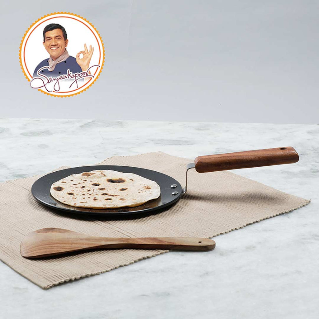 Ebony 22 cm Roti Tawa | Induction Bottom | Wooden Handle | Hard Anodized Aluminium | Non-Stick Tawa | 4.06 mm | 5 Years Warranty | Black