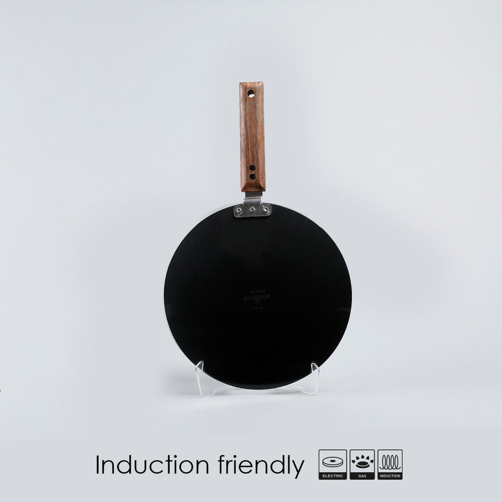 Ebony 25 cm Roti Tawa | Wooden Handle With Rivets | Hard Anodized Aluminium | Non Stick Tawa | 4.88 mm | 2 Years Warranty | Black