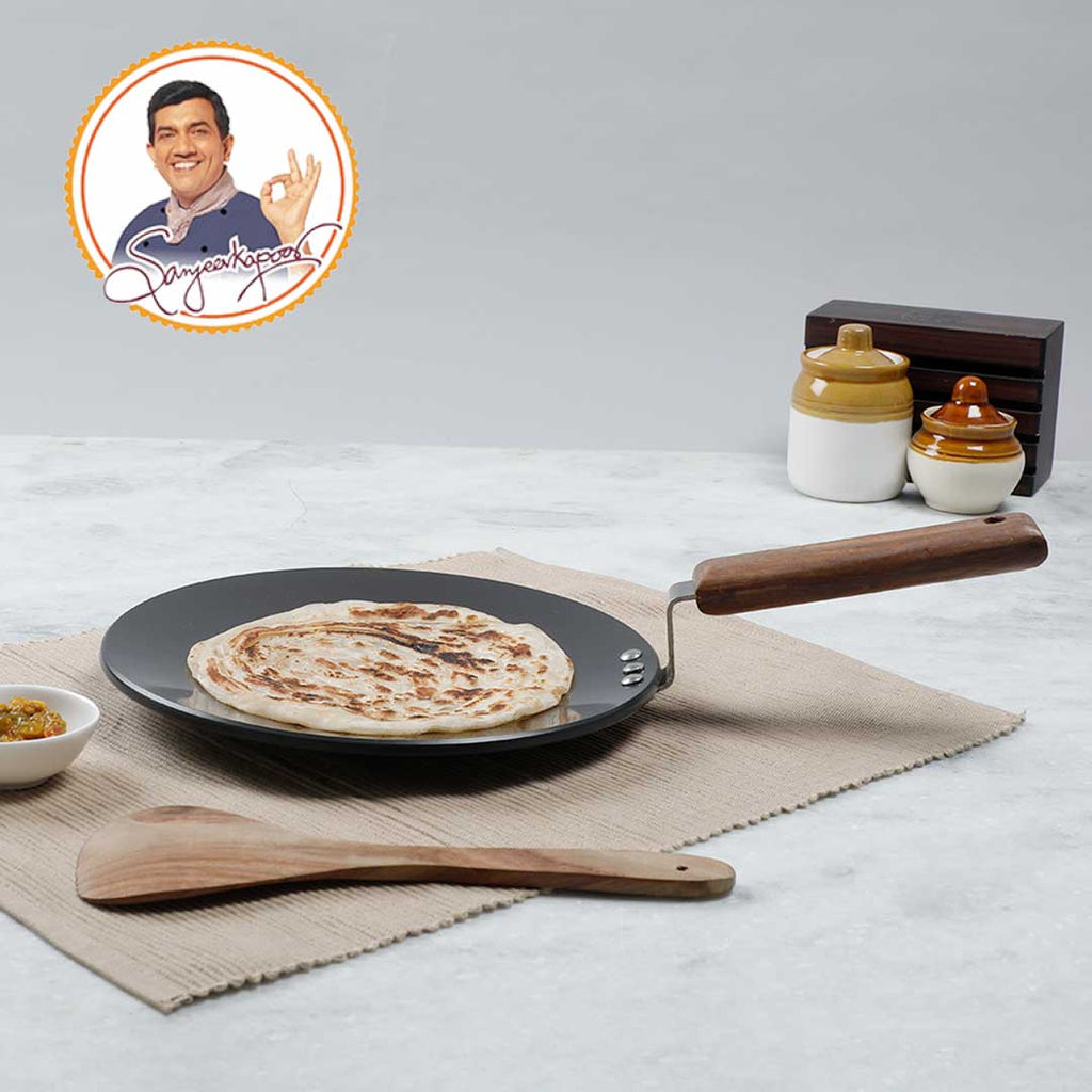 Ebony 25 cm Roti Tawa | Wooden Handle With Rivets | Hard Anodized Aluminium | Non Stick Tawa | 4.88 mm | 2 Years Warranty | Black