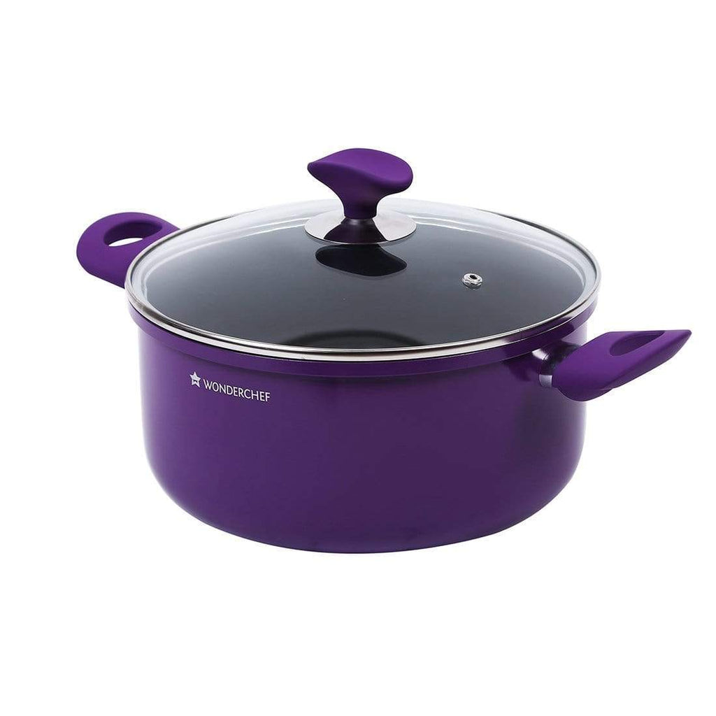 Elite Non-stick Casserole with Lid, Induction Bottom, Soft-touch Handle, Virgin Grade Aluminium, PFOA/Heavy metals free, 4mm rim, Purple, 2 Years Warranty