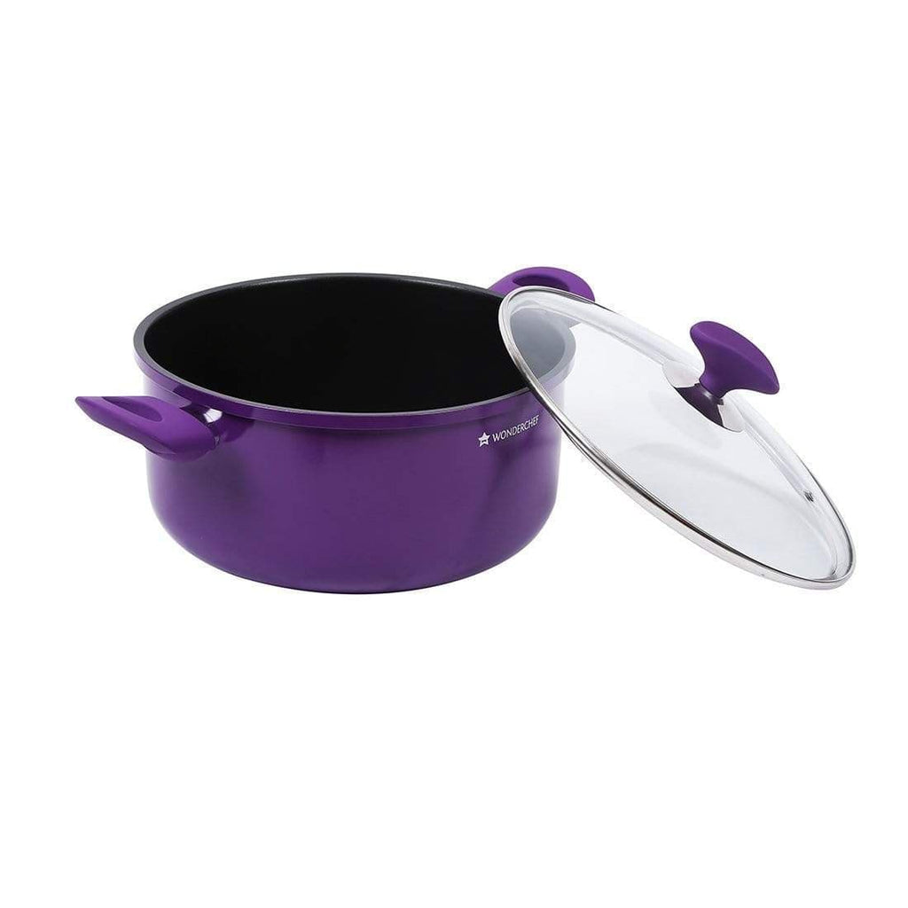 Elite Non-stick Casserole with Lid, Induction Bottom, Soft-touch Handle, Virgin Grade Aluminium, PFOA/Heavy metals free, 4mm rim, Purple, 2 Years Warranty