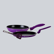 Load image into Gallery viewer, Elite Non-stick Cookware Set, 3Pc (Frying Pan, Dosa Tawa, Waterlily Slotted Turner),Induction Bottom, Soft-touch Handles, Virgin Grade Aluminium, PFOA/Heavy Metals Free, 2 Years Warranty, Purple