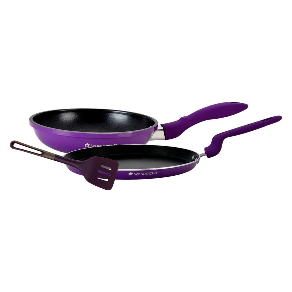 Elite Non-stick Cookware Set, 3Pc (Frying Pan, Dosa Tawa, Waterlily Slotted Turner),Induction Bottom, Soft-touch Handles, Virgin Grade Aluminium, PFOA/Heavy Metals Free, 2 Years Warranty, Purple