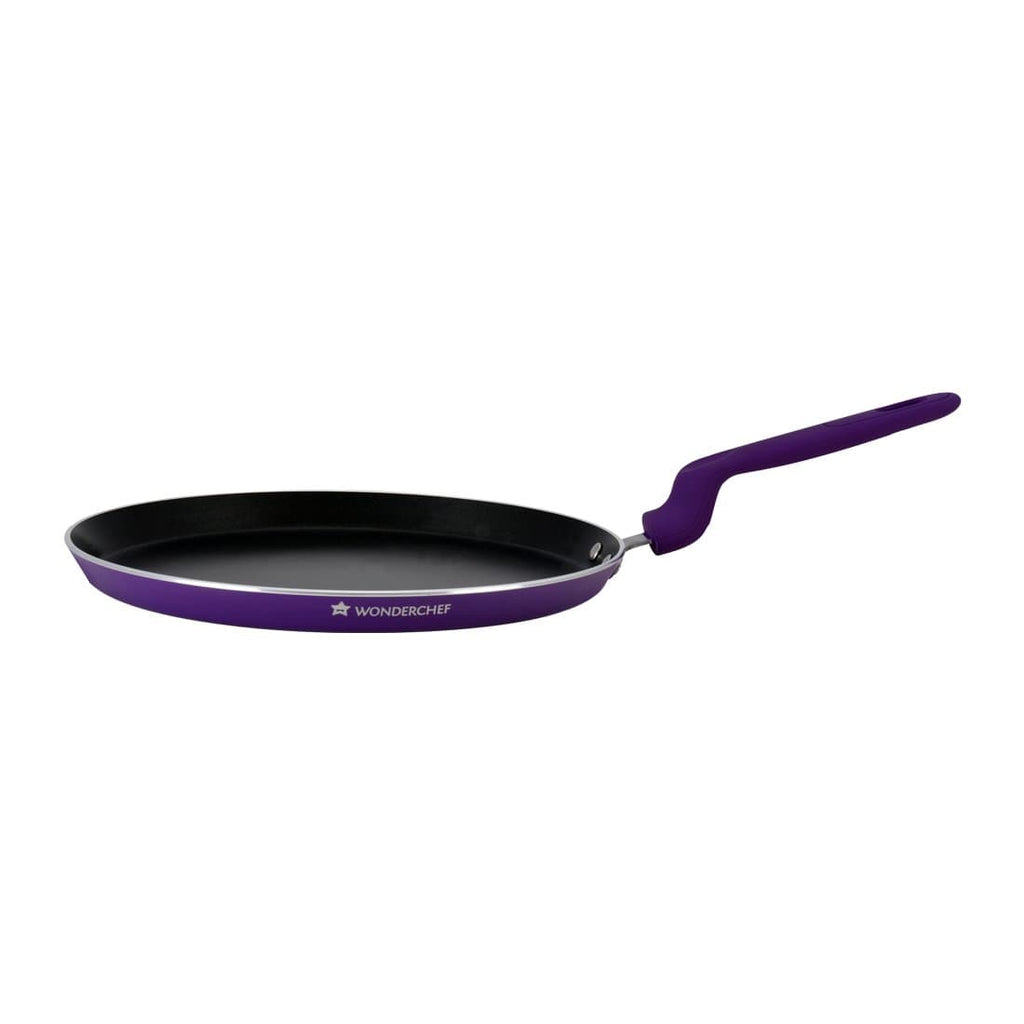 Elite Non-stick Cookware Set, 3Pc (Frying Pan, Dosa Tawa, Waterlily Slotted Turner),Induction Bottom, Soft-touch Handles, Virgin Grade Aluminium, PFOA/Heavy Metals Free, 2 Years Warranty, Purple