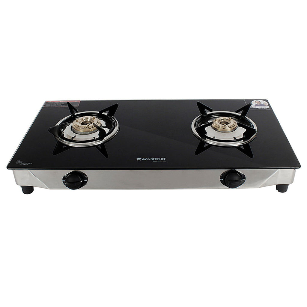 Energy 2 Burner Glass Cooktop, Black 8mm Toughened Glass  with 1 Year Warranty, Soft Touch Knobs, Efficient Brass Burners, Stainless Steel Double Drip Tray