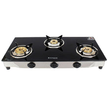 Load image into Gallery viewer, Energy 3 Burner Glass Cooktop, Black 8mm Toughened Glass  with 1 Year Warranty, Soft Touch Knobs, Efficient Brass Burners, Stainless Steel Double Drip Tray