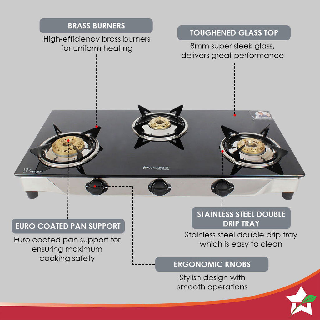 Energy 3 Burner Glass Cooktop, Black 8mm Toughened Glass  with 1 Year Warranty, Soft Touch Knobs, Efficient Brass Burners, Stainless Steel Double Drip Tray