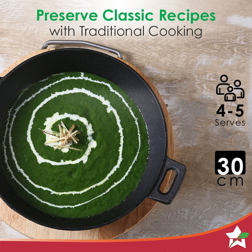 Forza 30cm Cast-iron Kadhai, Pre-Seasoned Cookware, Induction Friendly, 3.35L, 3.8mm