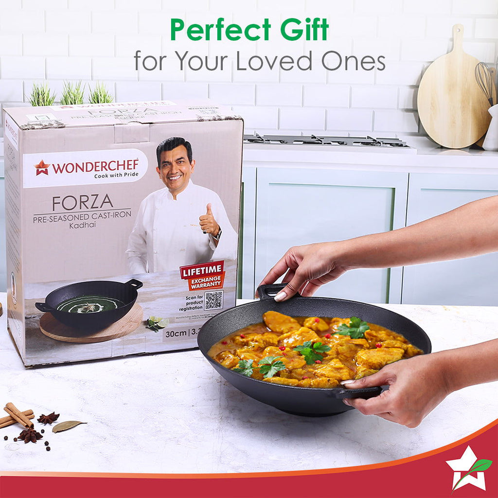 Forza 30cm Cast-iron Kadhai, Pre-Seasoned Cookware, Induction Friendly, 3.35L, 3.8mm