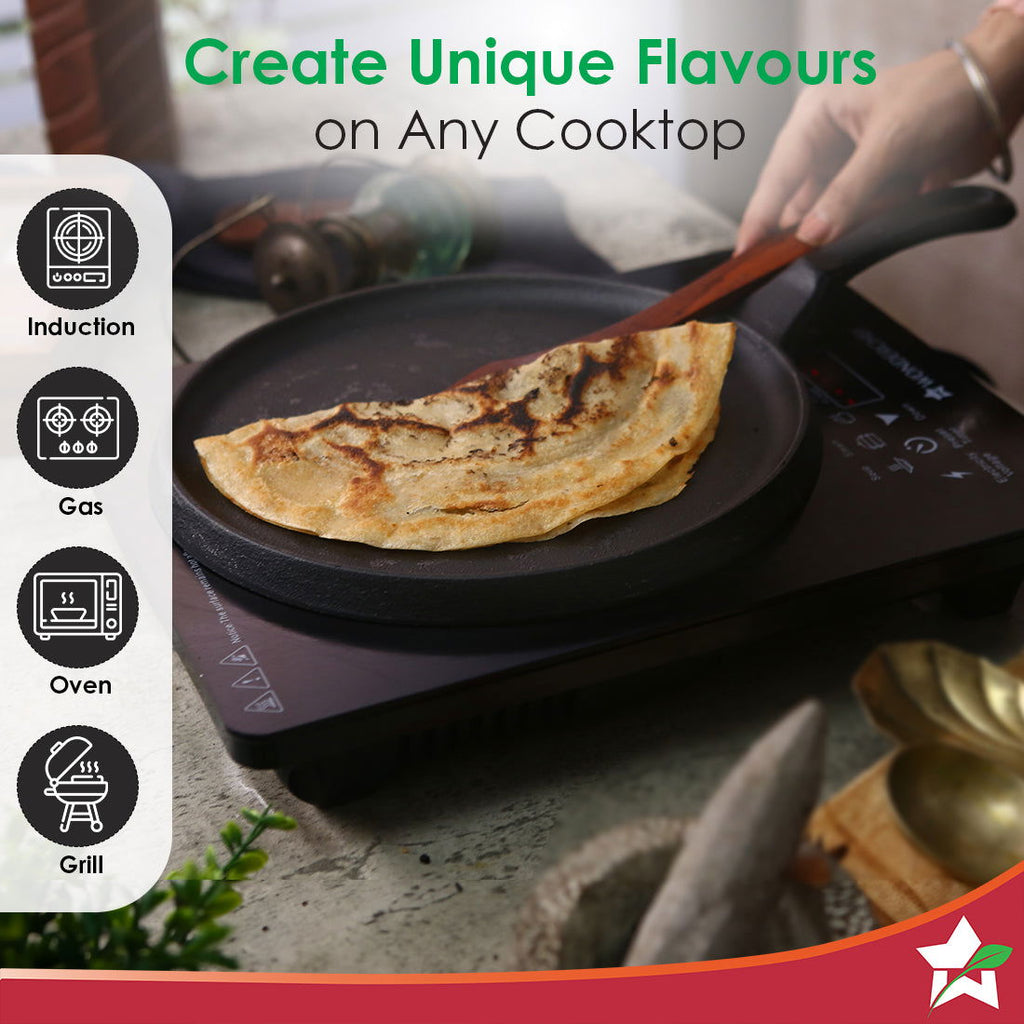 Forza Cast-Iron 25 cm Dosa Tawa Pan | Pre-Seasoned Cookware | Induction Friendly | 3.8 mm| With Lifetime Exchange Warranty