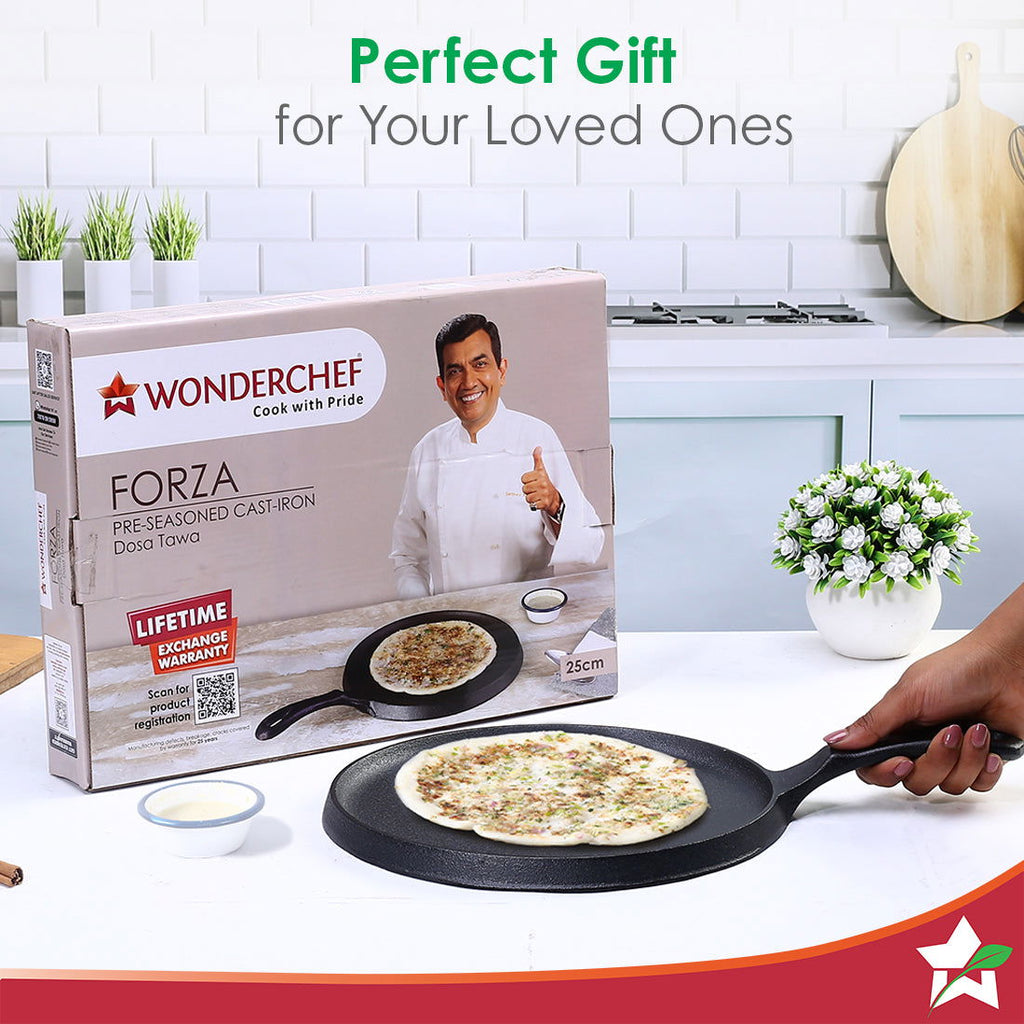 Forza Cast-Iron 25 cm Dosa Tawa Pan | Pre-Seasoned Cookware | Induction Friendly | 3.8 mm| With Lifetime Exchange Warranty