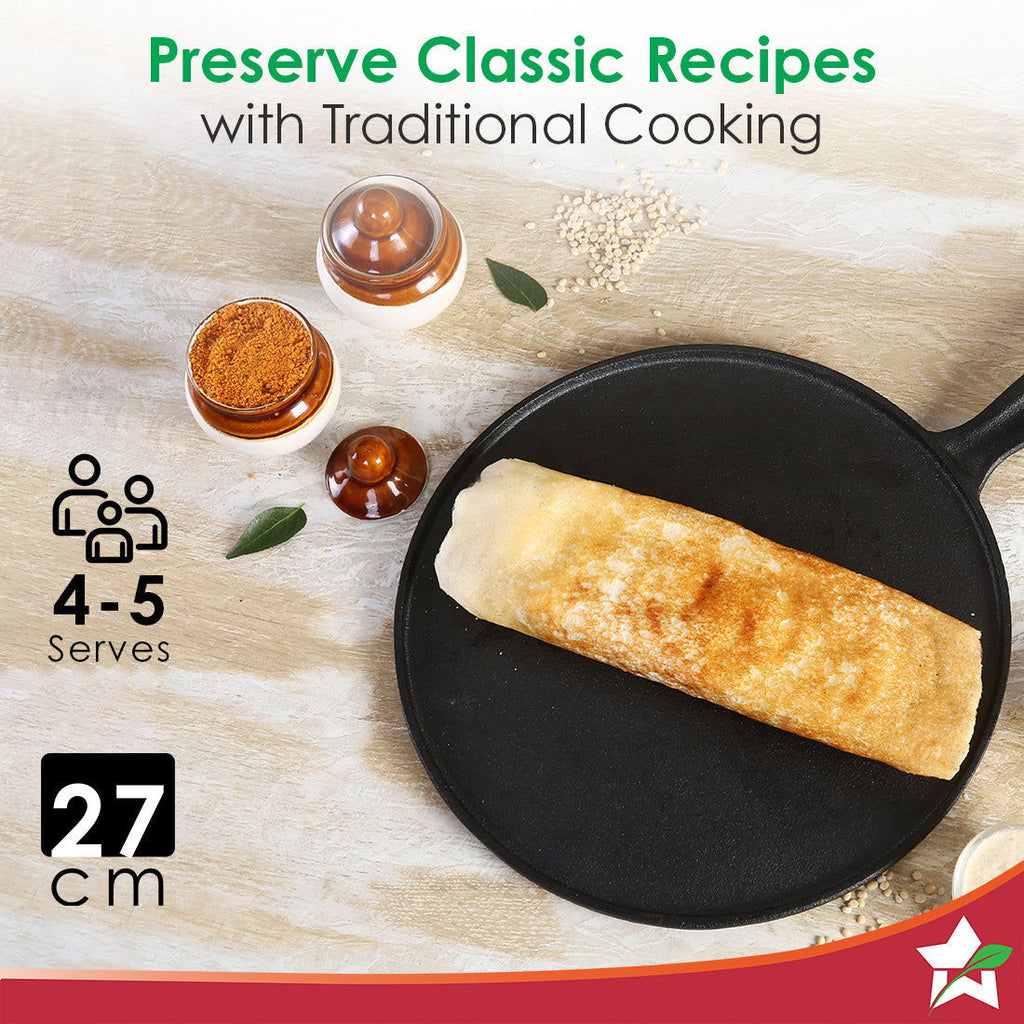 Forza Cast-Iron 27 cm Dosa Tawa Pan | Pre-Seasoned Cookware | Induction Friendly | 4 mm | With Lifetime Exchange Warranty