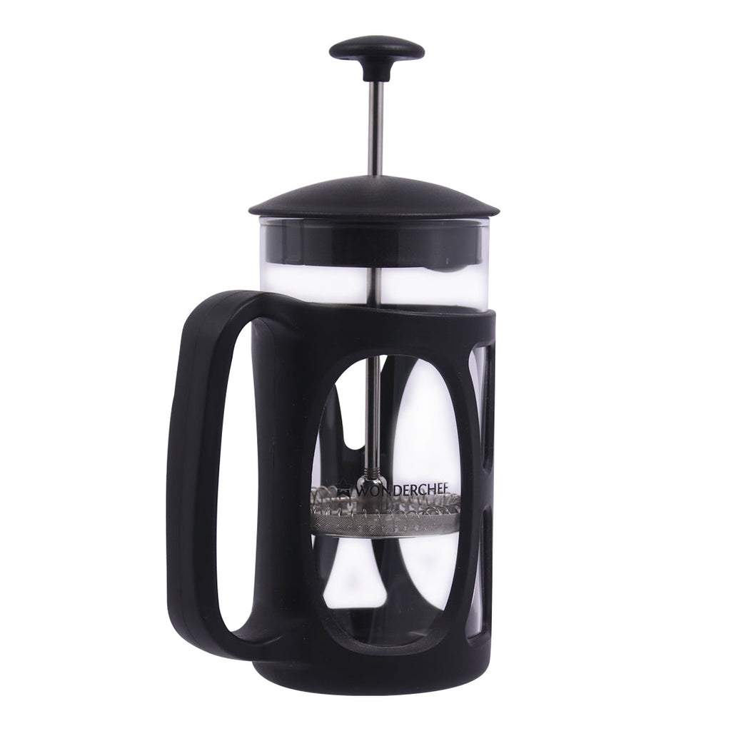 French Press Coffee & Tea Maker 350 ml | Premium Heat Resistant Borosilicate Glass Carafe | 4 Level Filtration System | Stainless Steel Plunger with Mesh | 1-2 Cups of Coffee | Brews in Just 3 Minutes | Black | 1 Year Warranty