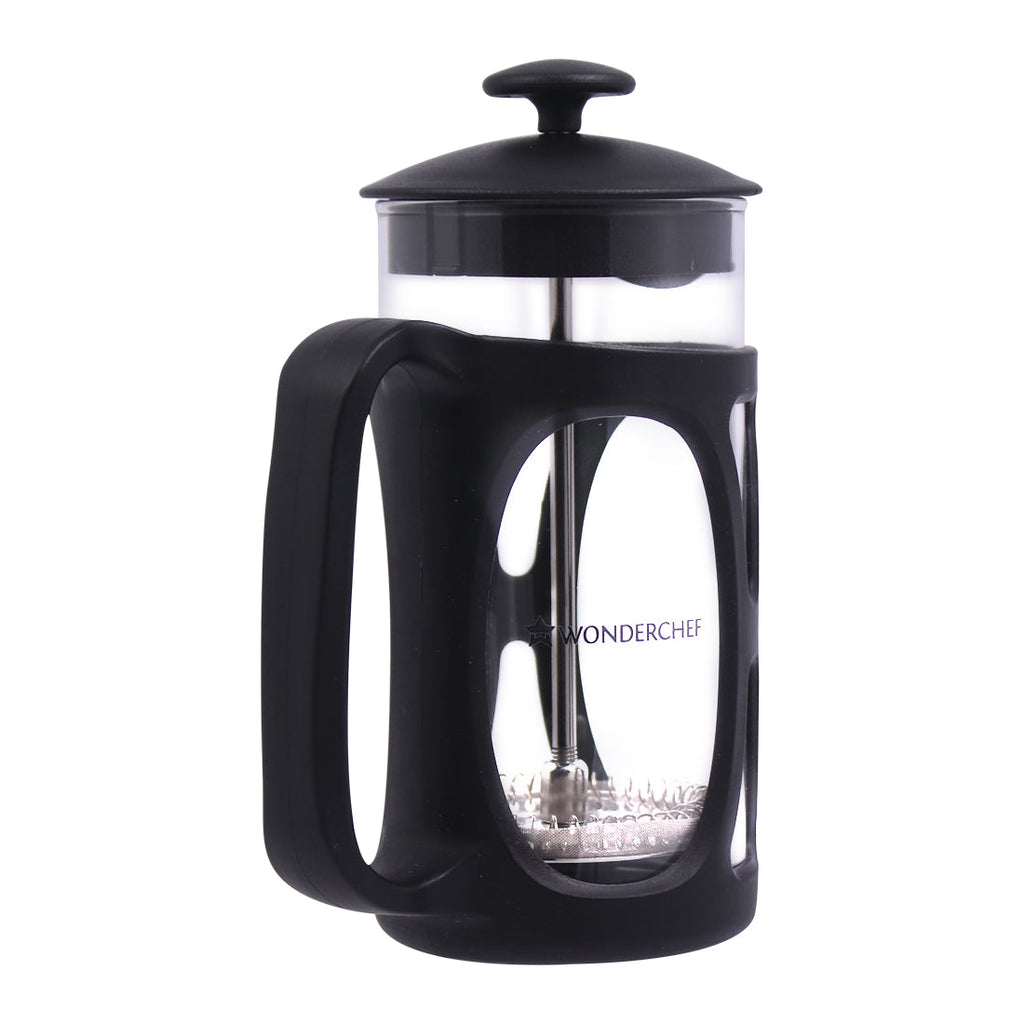 French Press Coffee & Tea Maker 350 ml | Premium Heat Resistant Borosilicate Glass Carafe | 4 Level Filtration System | Stainless Steel Plunger with Mesh | 1-2 Cups of Coffee | Brews in Just 3 Minutes | Black | 1 Year Warranty