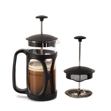 Load image into Gallery viewer, French Press Coffee &amp; Tea Maker 600 ml | Premium Heat Resistant Borosilicate Glass Carafe in SS Housing | 4 Level Filtration System | SS Plunger with Mesh |  3-4 Cups of Coffee | Brews in Just 3 Minutes | Black | 1 Year Warranty