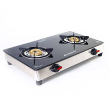 Load image into Gallery viewer, Galaxy 2 Burner Cooktop | 1 Medium, 1 Small Wide Spaced Burners | Highly Efficient Tri-pin Brass Burners | Precise Flame Control | BIS Approved 6mm Toughened Glass Top | 2 Year Warranty