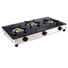 Load image into Gallery viewer, Galaxy 3 Burner Cooktop | 2 Medium, 1 Small Wide Spaced Burners | Highly Efficient Tri-pin Brass Burners | Precise Flame Control | BIS Approved 6mm Toughened Glass Top | 2 Year Warranty