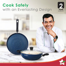 Load image into Gallery viewer, Galaxy 3pcs Cookware Set | Kadhai with Lid and Dosa Tawa | Induction Friendly | Cool Touch Bakelite Handles | Pure Grade Aluminium| PFOA Free| 2 Years Warranty | Midnight Blue