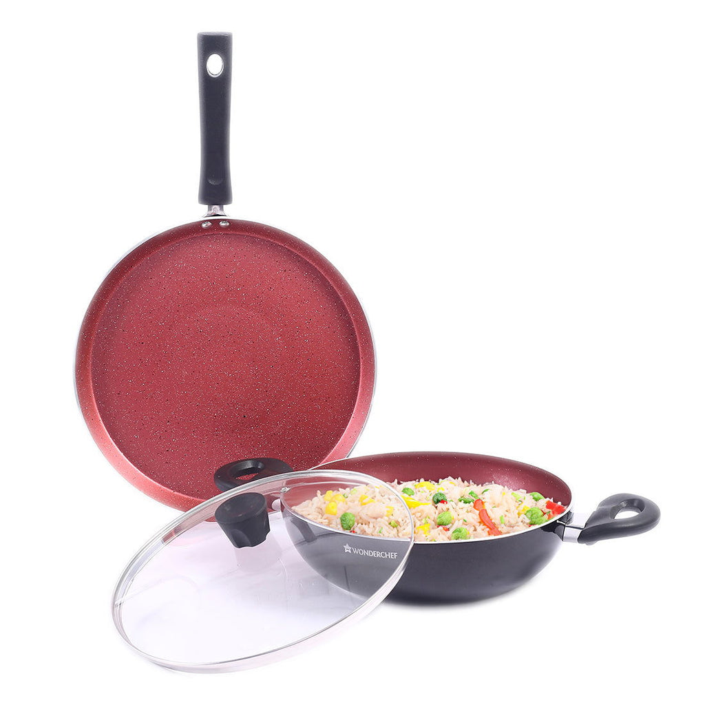 Galaxy 3pcs Cookware Set | Kadhai with Lid and Dosa Tawa | Induction Friendly | Cool Touch Bakelite Handles | Pure Grade Aluminium| PFOA Free| 2 Years Warranty | Red & Black