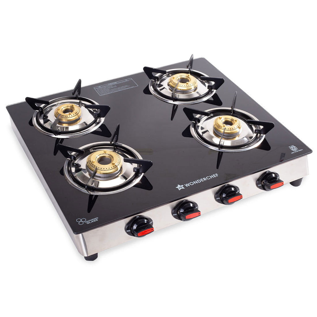 Galaxy 4 Burner Cooktop | 2 Medium, 2 Small Wide Spaced Burners | Highly Efficient Tri-pin Brass Burners | Precise Flame Control | BIS Approved 6mm Toughened Glass Top | 2 Year Warranty