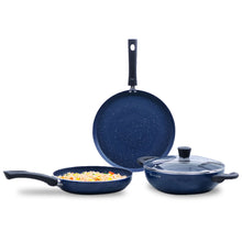 Load image into Gallery viewer, Galaxy Cookware 4 Piece Set | 24 cm Kadhai with Lid, 24 cm Fry Pan, 28 cm Dosa Tawa | Induction Friendly | Cool Touch Bakelite Handles | Pure Grade Aluminium| PFOA Free| 2 Years Warranty | Midnight Blue